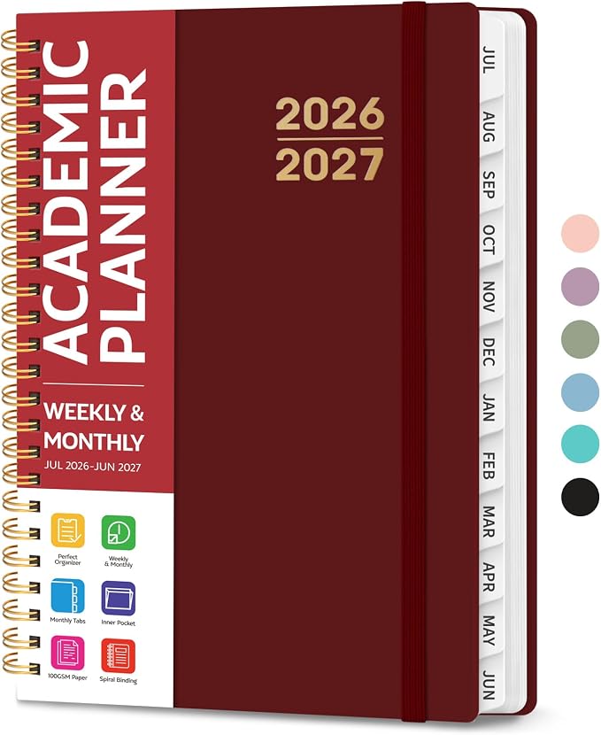 Taja Planner 2026-2027, Jul 2026-Jun 2027 Monthly & Weekly Calendar Book | 6.3" x 8.5", Hardcover Academic Calendar with Tabs, Teacher Student Agenda Book for School Office Supplies - Burgundy