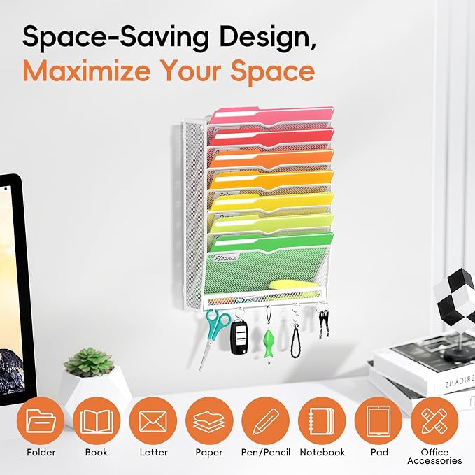 8-Tier Wall File Organizer with Hook, Hanging File Organizer White | Wall-mounted mail storage holds papers, folders, files, clipboards and magazines, assembly required for office or home use.