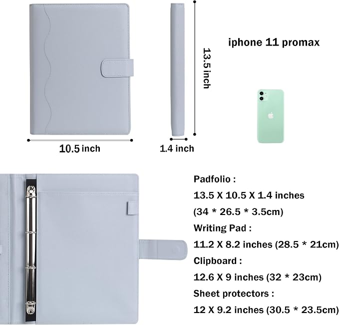 Wonderpool A4 PU Leather Ring Holder Writing Portfolio Multi Document Case with Removable Binder Clipboard and Functional Pocket for Organizer Office Travel School (Gainsboro)