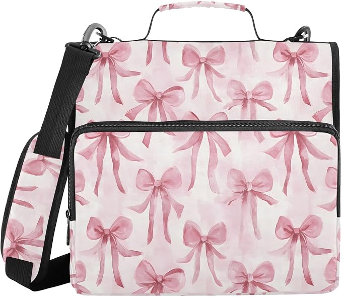 Watercolor Pink Bow Pattern Zipper Binder 3 Ring with Handle and Shoulder Strap, 500 Sheet Binder Organizer Capacity & Multi-Pockets for School Office