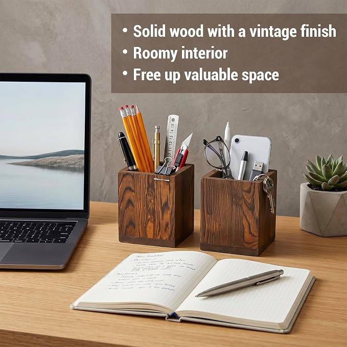 MyGift 2pc Natural Wood Pen Holder Pencil Cup, Desktop Organizer | Two matching cups keep writing tools, art supplies, craft brushes, and small accessories neatly contained and easy to reach