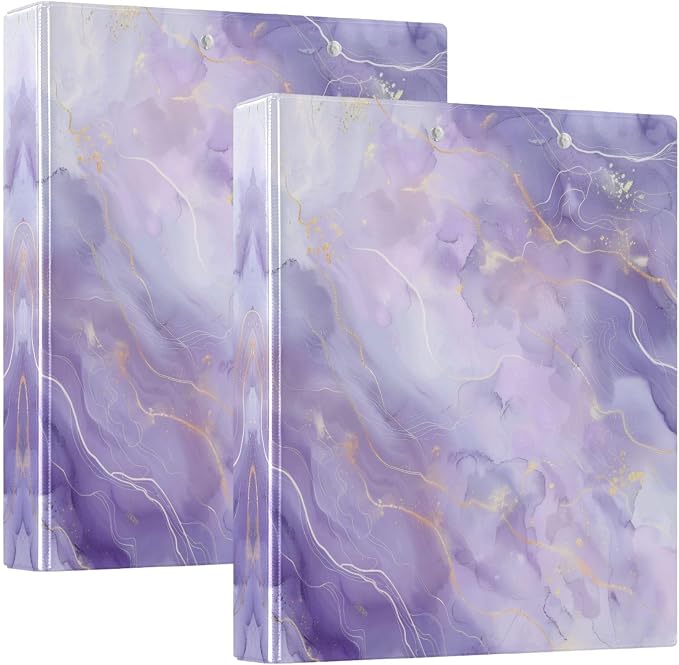 Purple Marble Texture 3-Ring Binder 1.5 Inch 2 Pack Round Ring Binder Holds 200 Sheets with 3 Inside Pockets for Office Home Organization