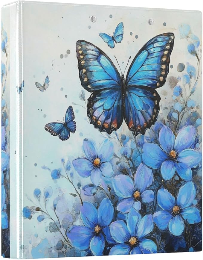 Caikeny 3 Ring Binder Blue Flowers Blue Butterfly 1.5 Inch Binders Round Ring Clipboard with 2 Pockets for Office Supplies