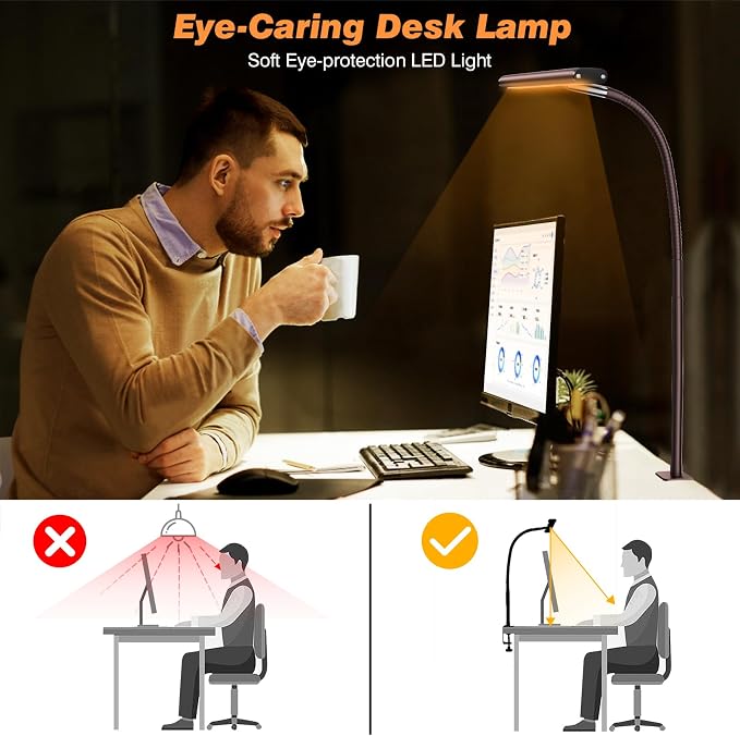 Airlonv LED Desk Lamp with Clamp, 17" Stepless Dimming Light, Brown | 2700K-6500K, 100 LEDs, 360° Gooseneck, Fits Up to 30" Monitors, Flicker-Free Lighting for Home Office, Study& Workbench