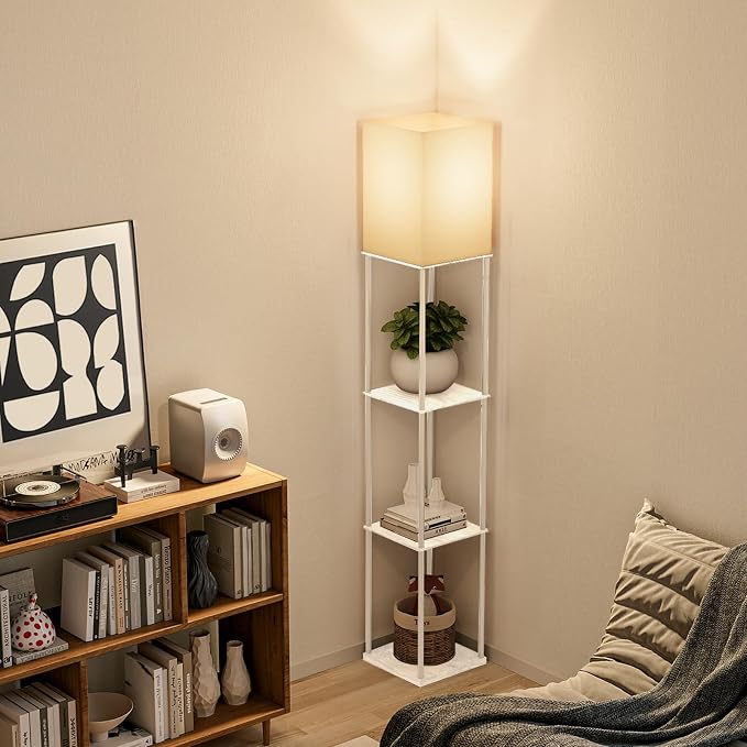 Gupuzm Floor Lamp with Shelves, Modern Square Standing Lamp with 3 Color Temperature Bulb, Corner Display Bookshelf Lamp for Living Room, Bedroom and Office（White）
