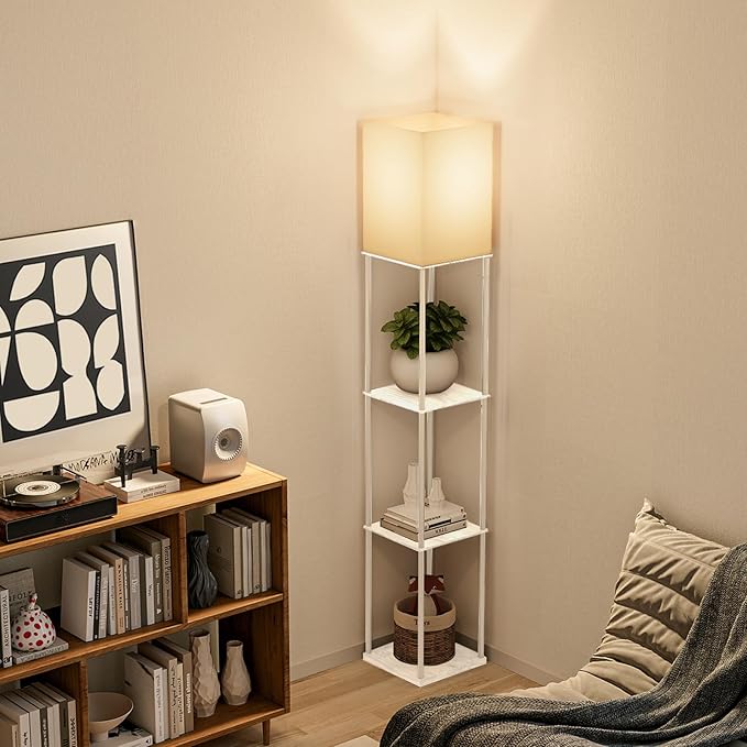 Gupuzm Floor Lamp with Shelves, with Modern Square Standing Lamp with Smart APP Control RGB Bulb, Corner Display Bookshelf Lamp for Living Room, Bedroom and Office (White-9RGB)