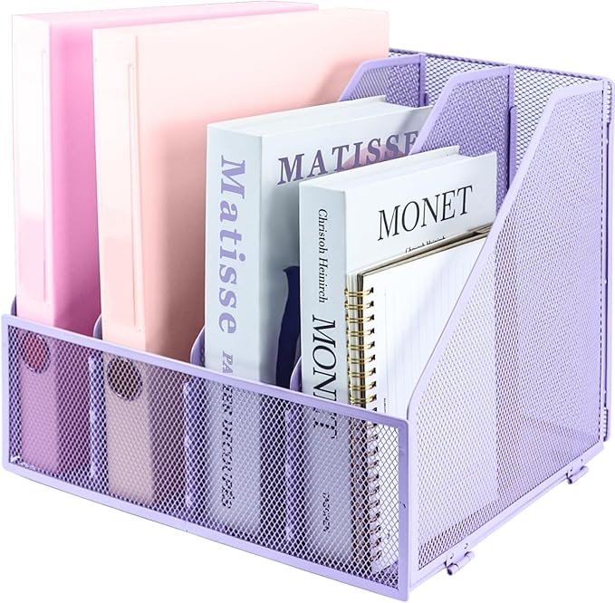 Desk Organizers, Metal Magazine File Holder with 4 Vertical Compartments Rack Binder File Organizer for Office Supplies, Home Workspace - Purple