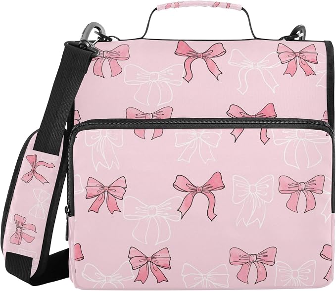 Fisyme Bows Pattern Pinks Zipper Binder 3 Ring with Zipper and Shoulder Strap Large Capacity Multi-Pocket Zipper Binder Organizer