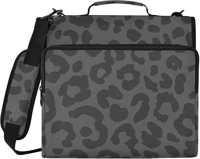 Leopard Black Zipper Binder File Organizer Bag 3 D-Ring | with Shoulder Strap, Holds 500 Sheets & 14in Laptop, 3 Ring Binder for Office Supplies