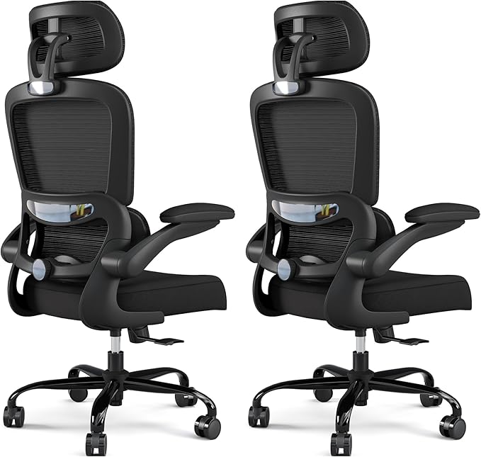 TRALT Office Chair Ergonomic Desk Chair - Gaming Chair with Lumbar Support | 330 LBS Home Office Desk Chairs with Headrest, Reading Chair with Flip-up Armrests, Comfortable Computer Chairs (2, Black)