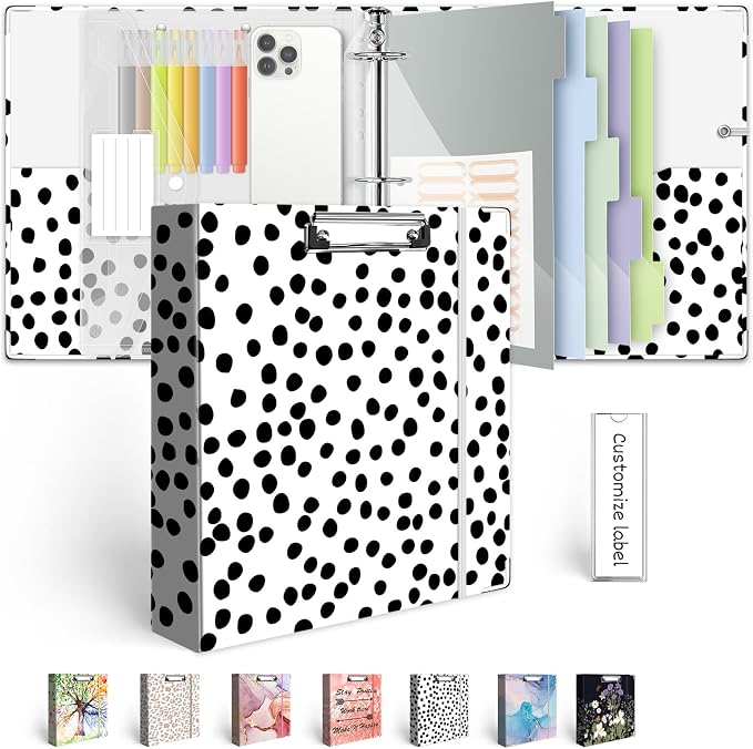 3 Ring Binder Organizer, 2 Inch Three Ring Binders with Clipboard, 5-Tabs Pockets Dividers, Transparent Plastic Folder, Pen Loop, 18 Divider Stikers, BVSSX Decorative Binder, Polka Dot, Letter Size