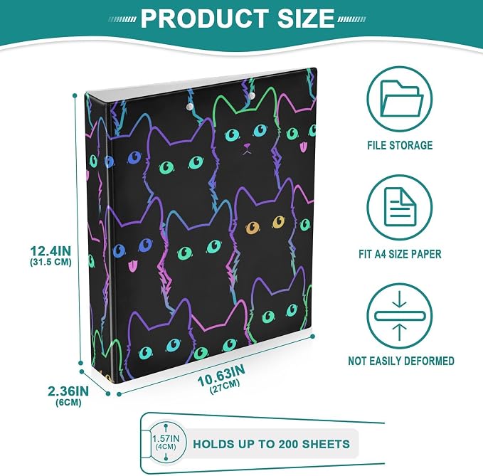 3 Ring Binder, Colorful Neon Cat File Folder Holds 200 Sheets File Storage for Women Men School Office Supplie