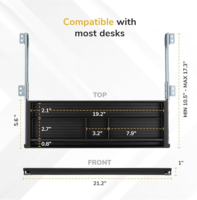 Mount-It! Under Desk Pencil Drawer | 21.25” W, Ball Bearing Slide-Out Organizer for Office Supplies, Paper & Pencils | Fits Desks Over 1” Thick, Adjustable Extension 16.25”–28”