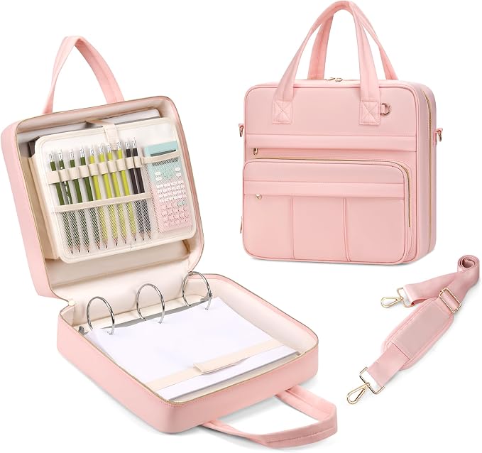 Zipper Binder | 3 Inch O-Ring, 600 Sheet Capacity Trapper Keeper with Shoulder Strap & Handle, Binder Bag with Multiple Storage Pockets, Fits 13" Laptop (Pink)
