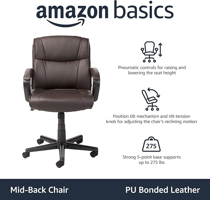 Amazon Basics Office Task Chair with Adjustable Height, 360° Swivel, Padded Armrests, Mid-Back, Rolling, 275 Pound Capacity, 24"D x 24.2"W x 34.8"H, BIFMA Certified, Dark Brown Faux Leather
