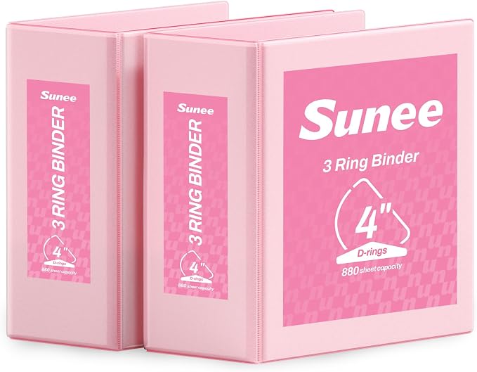 SUNEE 4 Inch Binder 3 Ring, 4" Extra Large D Ring Clear View PVC-Free (Fit 8.5x11 Inches) for Office or School Supplies, Pink, 2 Pack