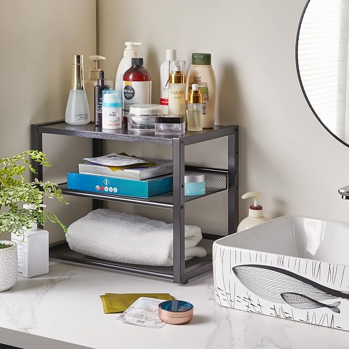 YMYNY 3 Tiers Desktop Printer Stand,17.32 x 13.78 x 11.02 in Black,UHPT001B | Desk Organizer with Adjustable Storage Shelves,Multi-Purpose Printer Shelf for Home Office,Fax Machine,Scanner, Files