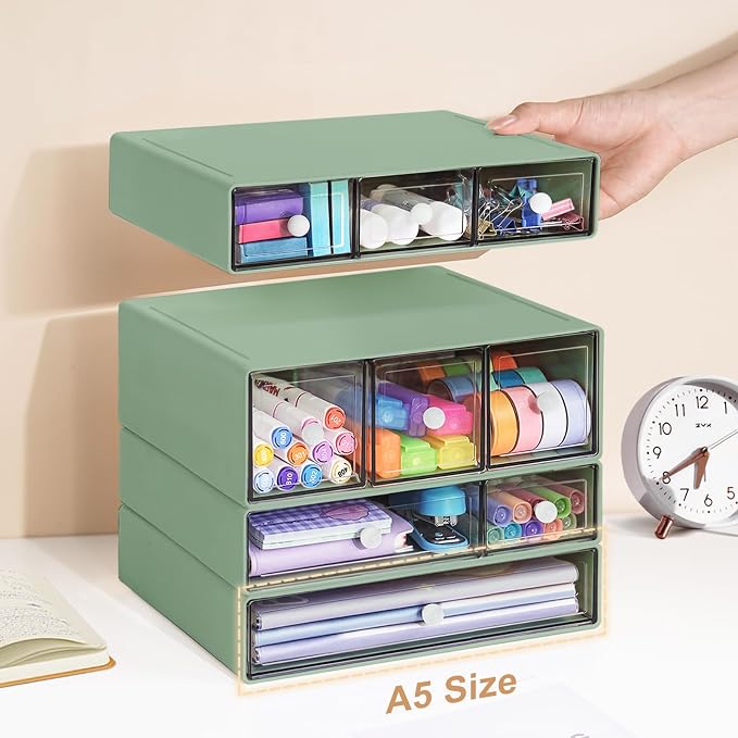 Desk Storage Organizer with 9 Drawers, 4 Tiers Stackable Desktop Craft Storage Drawers, Clear Storage Box Caddy for Stationary Makeup Jewelry Office Craft Supplies (Green)
