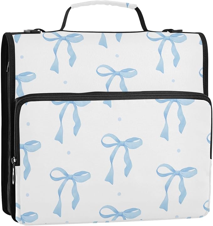 Blue Bow 3 Ring Binder Bag 1.5 inch Binder Organizer with Zipper Shoulder Strap 500 Sheet Documents Storage for School Office