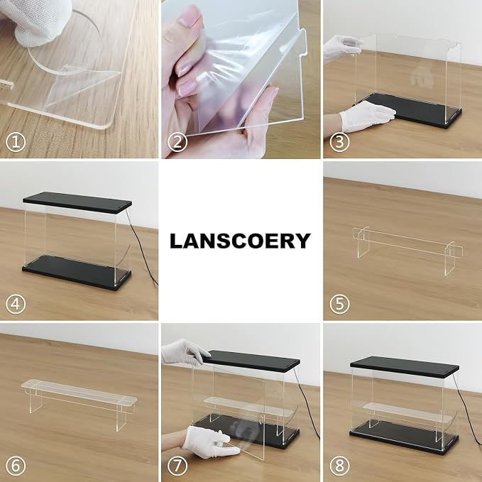 LANSCOERY Acrylic Display Case for Collectibles, 2-Tier LED Light, Black | 3mm clear acrylic panels with front door access and tri-color top light for small figures on a desk or shelf.