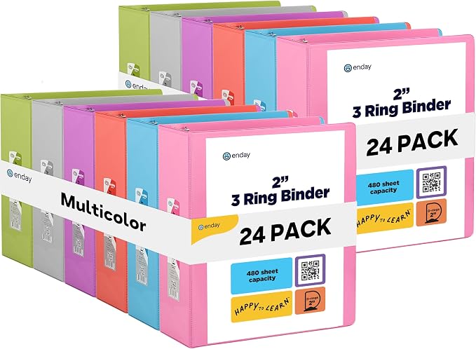 Enday 2 inch 3 Ring Binder (24 Pack - Assorted Colors) Binder 2 inch with Clear View Cover and 2 Inside Pocket - for Letter Size 8.5 x 11'' Paper, Ideal for School Supplies, Office, and Home