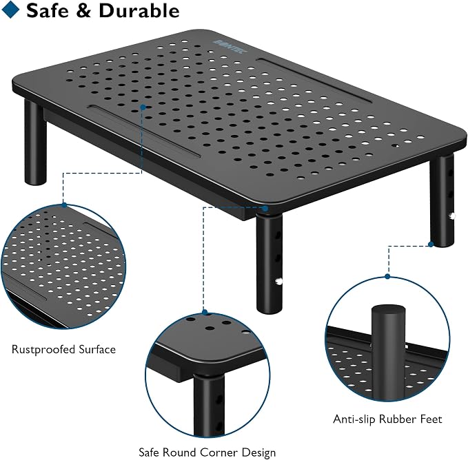 BONTEC 1 Pack Adjustable Monitor Stand Riser with Drawer, Supports 44lbs | Ergonomic Mesh Platform for Desk, Ventilated Laptop and PC Use with Cable Management for a Cooler, Organized Workspace