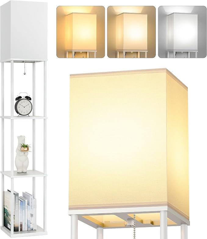 Floor Lamp with Shelves, 3-Tier Modern Square Bookshelf Standing Lamp White | 3 Color Temperature Bulb Included, Pull Chain Tall Lamp for Living Room Bedroom Corner Office Apartment Decor