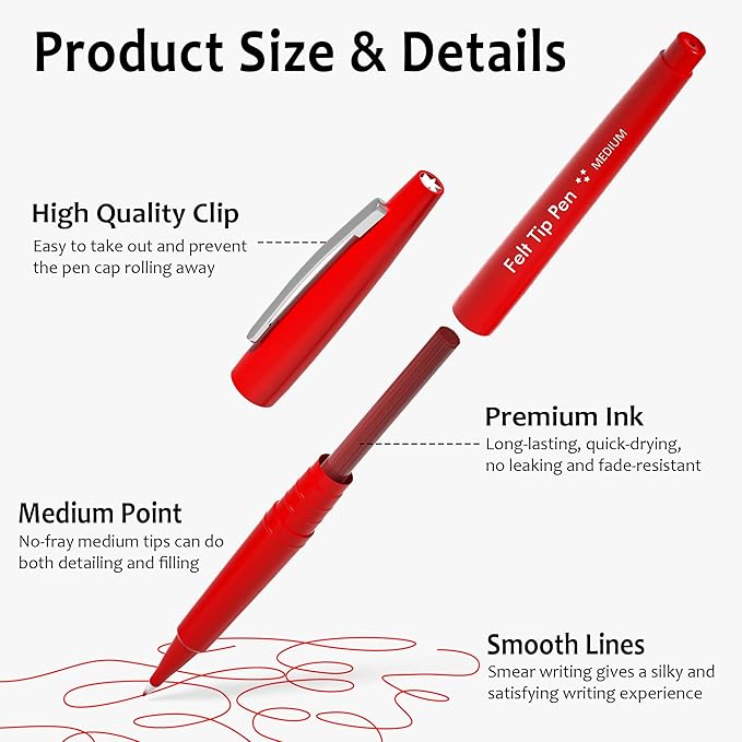 Lelix Felt Tip Pens, 40 Red Pack, 0.7mm Medium Point, Felt Tip Markers Pens for Journaling, Writing, Note Taking, Planner, Perfect for School Office and Art Supplies