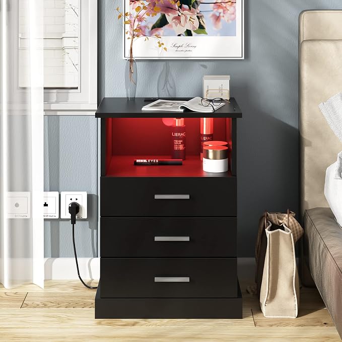 Halitaa Black LED Nightstand with Charging Station, Side Table with 3 Drawers and Light, End Table with Open Storage, Beside Cabinet for Bedroom (Black 2 Set)
