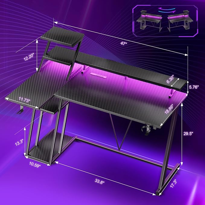 Korfile 47 Inch Gaming Desk with LED Lights & Power Outlet, L Shaped Computer Desk with Storage Shelves, Gamer Workstations with Monitor Stand for Bedroom, Carbon Fiber Black | L Shaped Computer Desk, Gamer Workstations, Storage Shelves, Monitor Stand,...