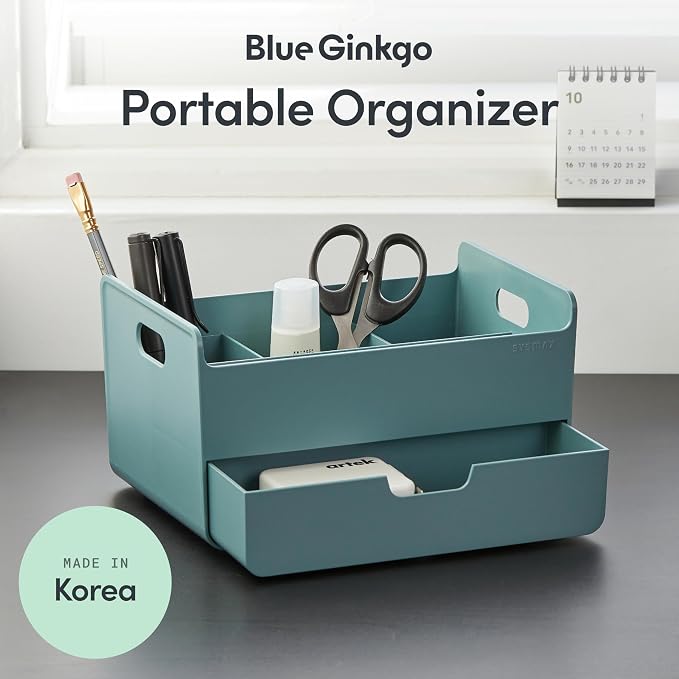 BLUE GINKGO Portable Desk Organizer, Green, Made in Korea | 3 Compartments. Half Drawer. Everyday Storage.