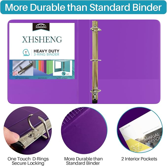 XHSHENG 1 Inch Binders 3 Ring,One Touch Easy Open D-Rings,Letter Size | 1 In Three Ring Binders,with 2 Pockets, Holds 225 Sheets 8.5x11 inch Papers, View Binders for School Supplies
