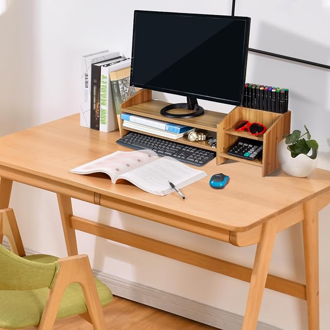Catekro Monitor Stand Riser, 2 Tiers Wood Monitor Riser Stand Brown | Multi-Purpose Desktop Organizer Riser with Storage Organizer for Computer, Laptop, Printer