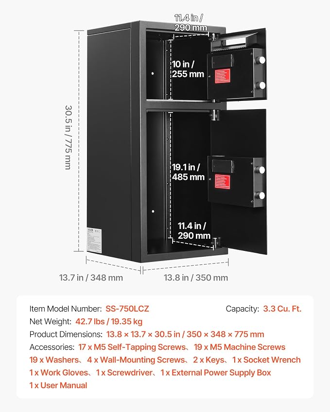 VEVOR Double Door Safe Box, 3.3 Cu. Ft, Heavy Duty Home Safe with Electronic Keypad, Anti-Theft, Digital Safety Lock Box with Key, Drop Slot, for Money, Firearm, Jewelry, Document, Valuables, Black