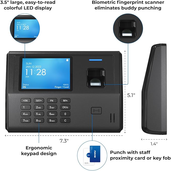 ANVIZ CX3 Fingerprint Time Clocks for Small Business Employees - No Monthly Fee No Software Required - Biometric Clock in and Out Machine - Right Out of The Box, Finger + RFID + Pin Punching