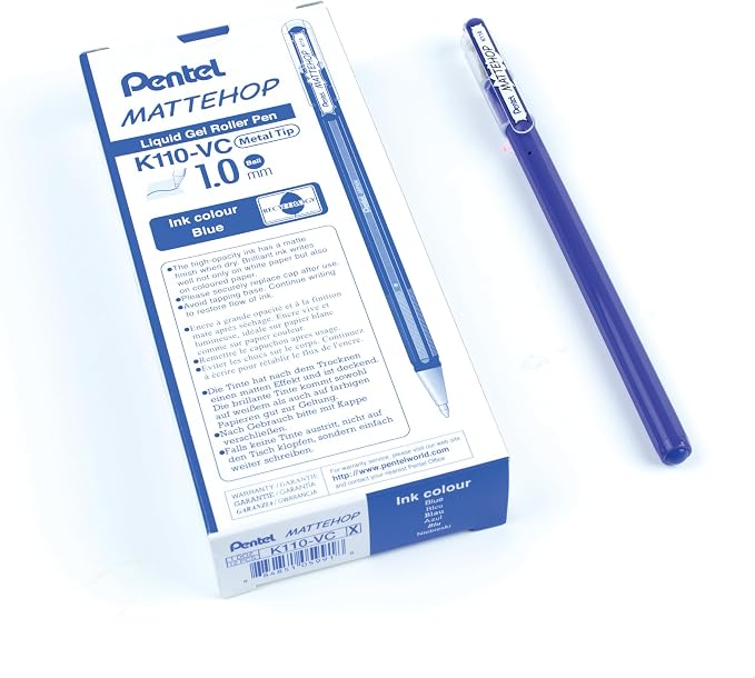 Pentel Arts Hybrid MATTEHOP Gel Roller, 1.0mm, Matte Blue Ink, Box of 12 each (K110-VC)