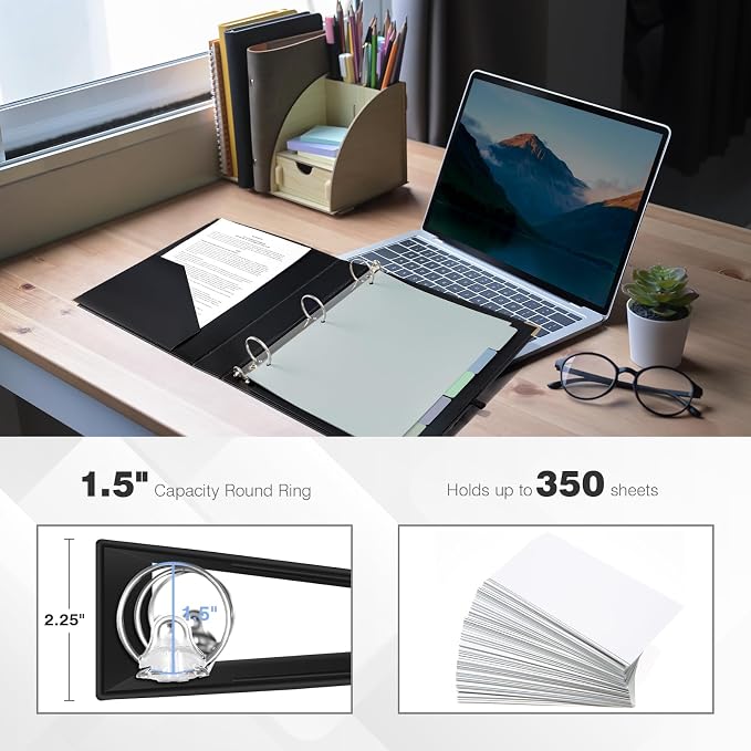 Ospelelf 3 Ring Binder, 1.5 Inch, Cute Letter Size (11" x 8.5") with 5 Tab Dividers, File Folder Labels and Low Profile Clipboards, Black Binder for School and Office Supplies