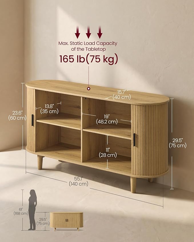VASAGLE Storage Cabinet, Sideboard with Adjustable Shelves | Mid-Century Modern Buffet Cabinet, 55.1 x 15.7 x 29.5 Inch, for Living Room, Walnut, MIRIANA Collection ULSC631KX01