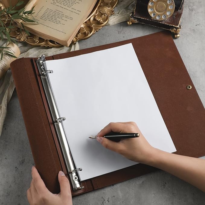Teling 1 Pcs Leather 3 Ring Binder Holds 8.5 x 11 Inch Paper Binder Organizer Vintage Faux Leather Portfolio Folder Planner for Office Home Document Photo Diary Supplies (Chocolate)