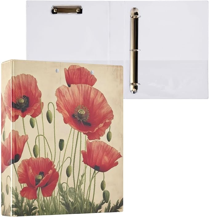 3 Ring Binder Red Poppy Flowers Vintage Poppies Floral 1.5 inch Binders Three Ring Binders with Clipboard Fit 8.5'' x 11'' Paper 3 Interior PVC Clear Pockets for Office Supplies