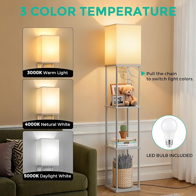 Floor Lamp with Shelves, 3-Tier Modern Square Bookshelf Standing Lamp Grey | 3 Color Temperature Bulb Included, Pull Chain Tall Lamp for Living Room Bedroom Corner Office Apartment Decor