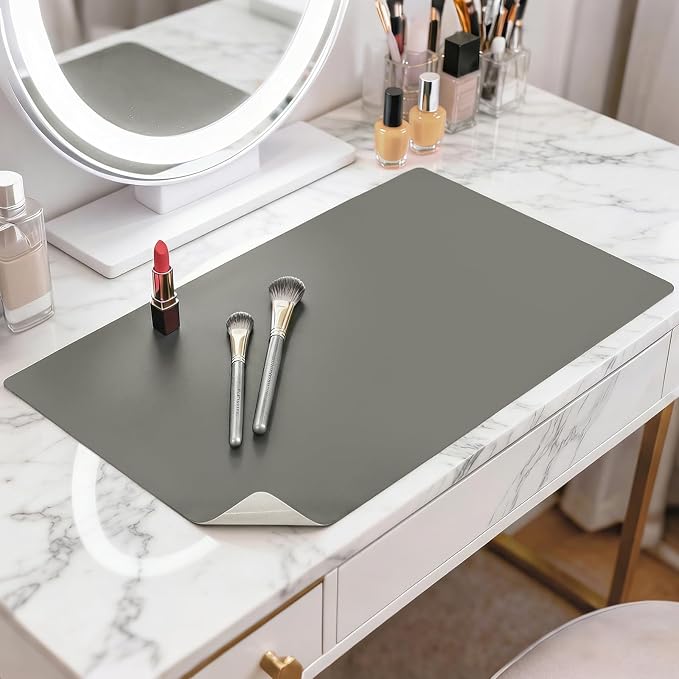 LovePads Makeup Mat for Vanity, 14" x 24" PVC Desk Mat & Dresser Cover Top | Waterproof Desk Protector, Vanity and Desk Accessories; Wipes Clean, Ideal for Writing, Nail Art, Craft Table, Dark Grey+Grey