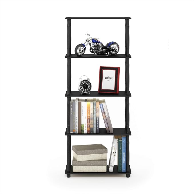 Furinno Turn-N-Tube 5-Tier Multipurpose Shelf / Display Rack / Storage Shelf / Bookshelf, Classic Tubes, Americano/Black | Open Shelves Corner Bookshelf, Display Storage Shelves, Classic Tubes, for Organization, Living Room, Home Office