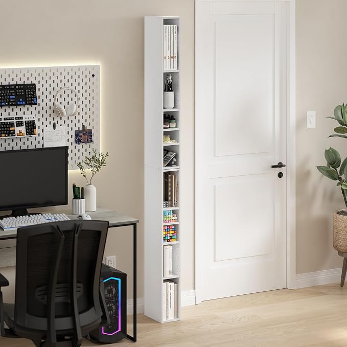 Furinno Fulda Book Shelf, 10-Tier Bookshelf, Space Saving Storage Shelf Bookcase, 9.2 x 5.9 x 78.7, for Living Room, Bedroom, Home Office, White