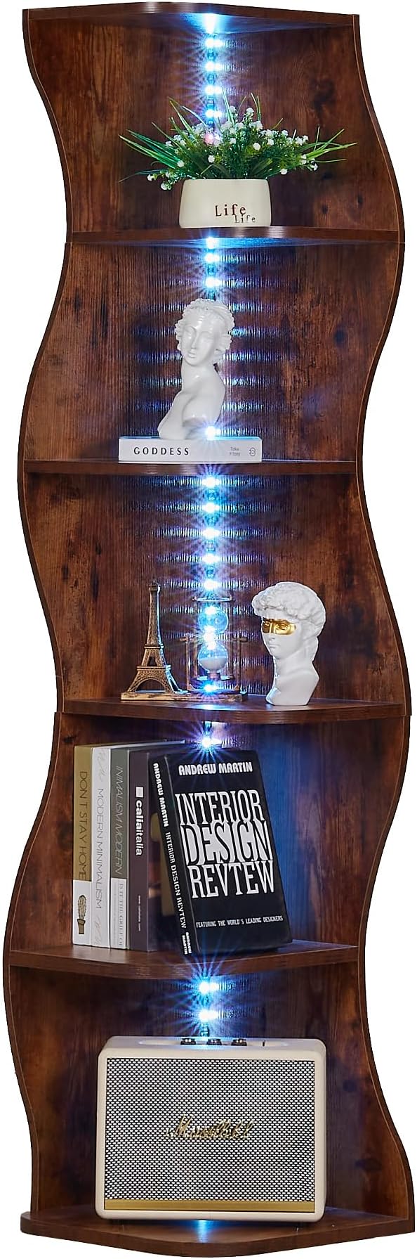 VECELO 6-Tier Wave Corner Bookcase with LED Lights, 90° Right-Angle Tall Narrow Bookshelf, Wooden Corner Display Stand Storage Shelf for Small Spaces, Living Room, Bedroom, Home Office (Brown)