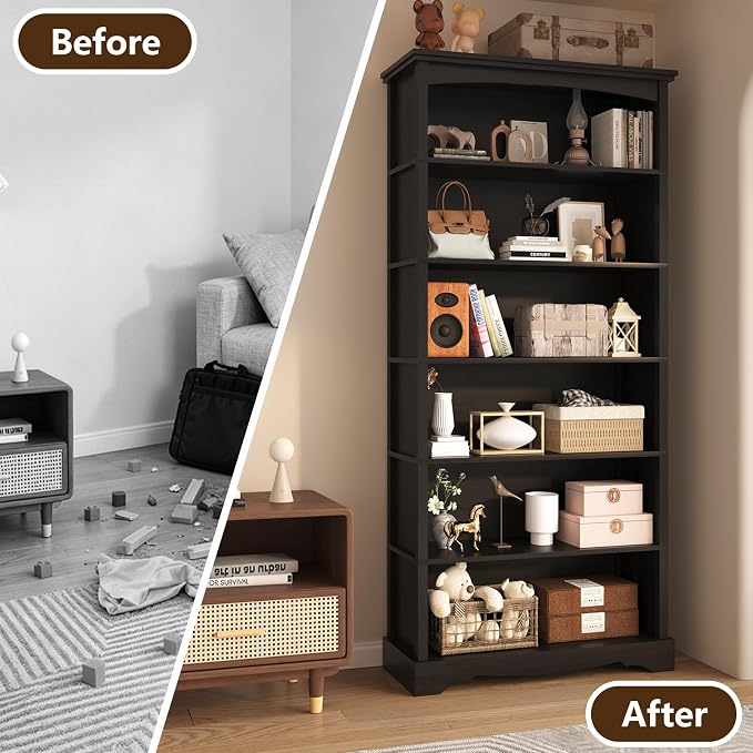 TVU 6-Tier Wooden Bookshelf, 76 Inch Tall Bookshelf with Storage, Floor Standing Modern Style Display Bookcase for Living Room, Office, Study Room, Entryway, Black