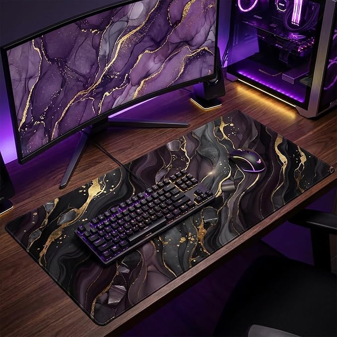 Large Mouse Pad 31.5x15.7 Inch Purple Marble Gold Foil Desk Mat XL | Aesthetic Purple Marble Design with Gold Foil,XL Keyboard Mouse Pad with Non-Slip Rubber Base for Home Office & Computer
