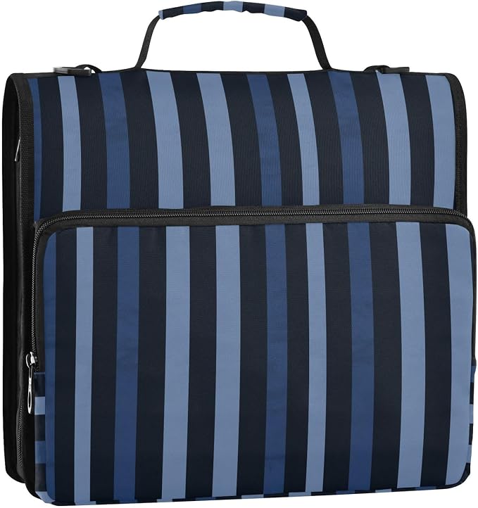 ALAZA Vintage Navy Blue Stripes Zipper Binder 1.5 inch 3 Ring Binder Organizer with Shoulder Strap and Handle for Home Office Work