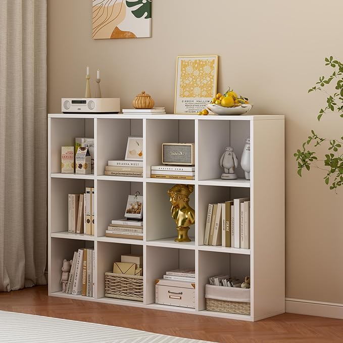 12-Cube Storage Shelf Bookcase, Warm White | Wooden 3-Tier Open Bookshelf, Fits 11×11" Bins, Vertical or Horizontal Use, Full Back Panels, For Home Office
