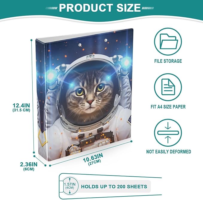 3 Ring Binder Cat Space Astronaut 1.5" Round Ring Binders View Binder with 200 Sheet for Kids School Supplies Women Men Office, 1 Pack